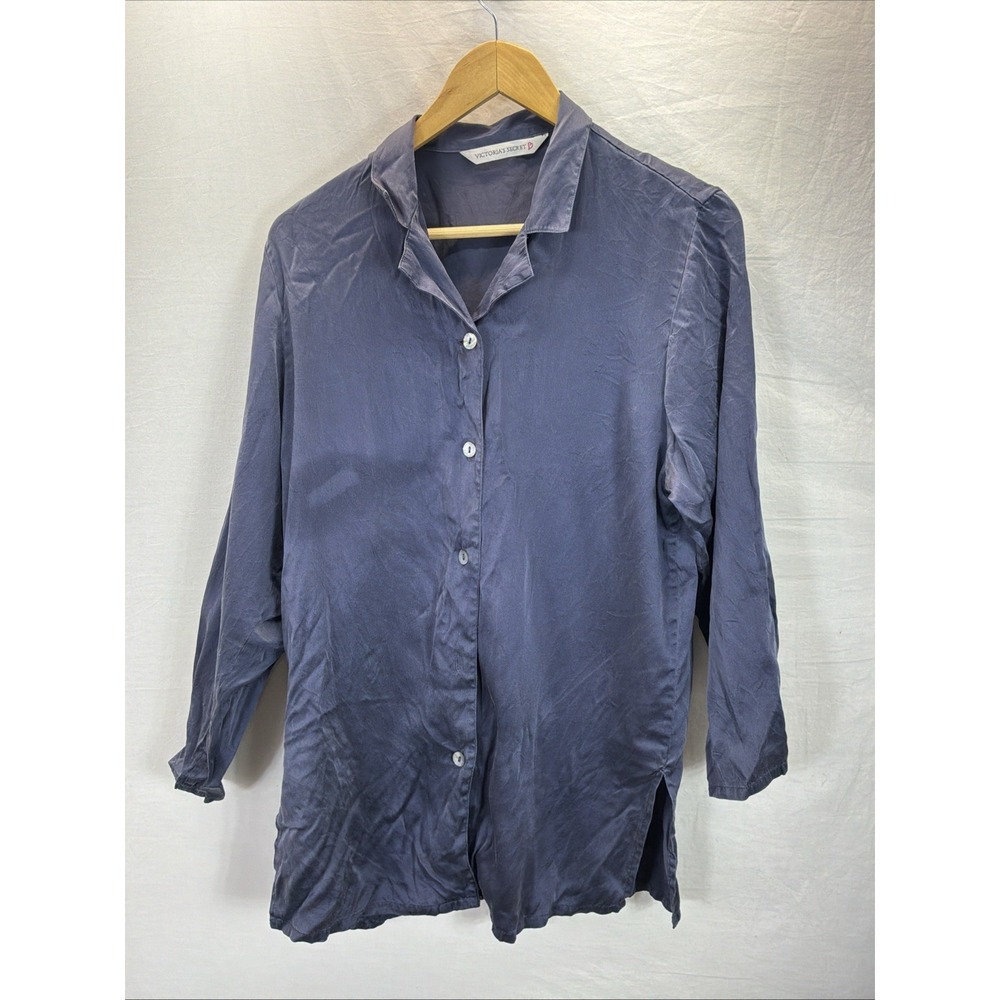 VTG Victoria's Secret 100% Silk Sleep Shirt Button Down Slate Blue Women's S